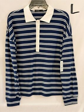 Cure Navy & White Striped Long-Sleeve Polo Top